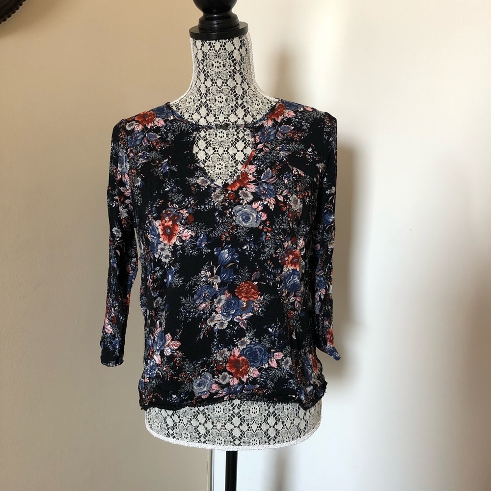 American Eagle Black Floral Boho Blouse